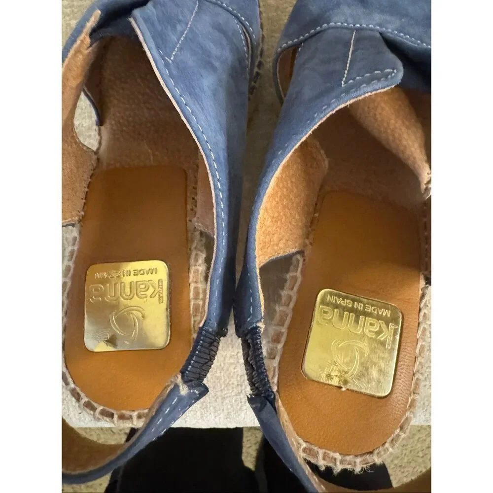 Kanna Women's Suede Open Toe Wedge Espadrille Slingback Sandals Blue Size 36
